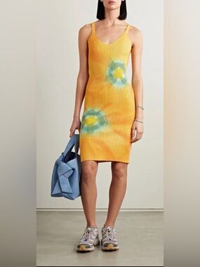 NWT The Elder Statesman Ecliptic Tie Dye Cotton Cashmere Knit Dress Yellow